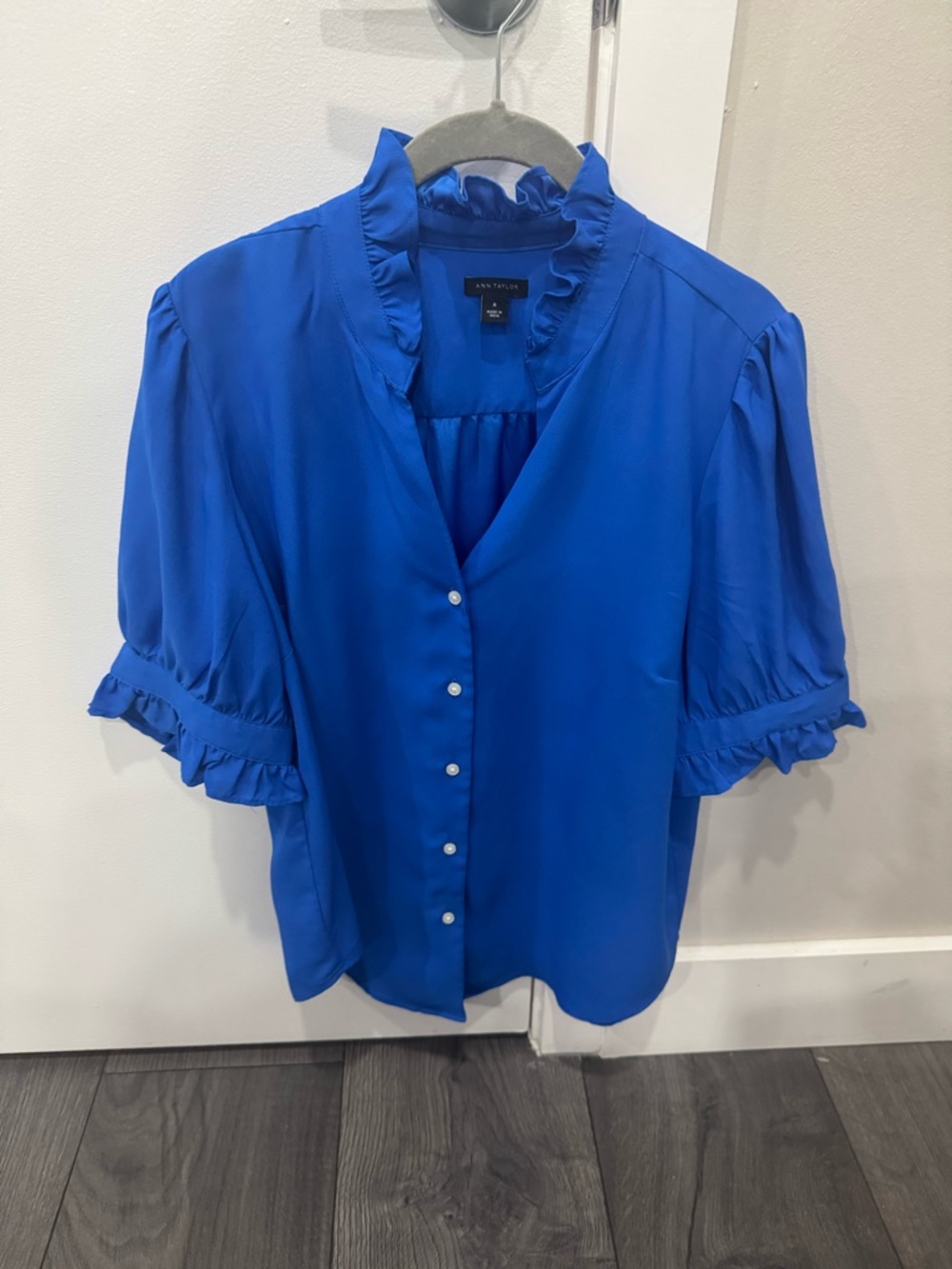 Ann Taylor Cobalt Blue Ruffle Collar Button-Front Blouse